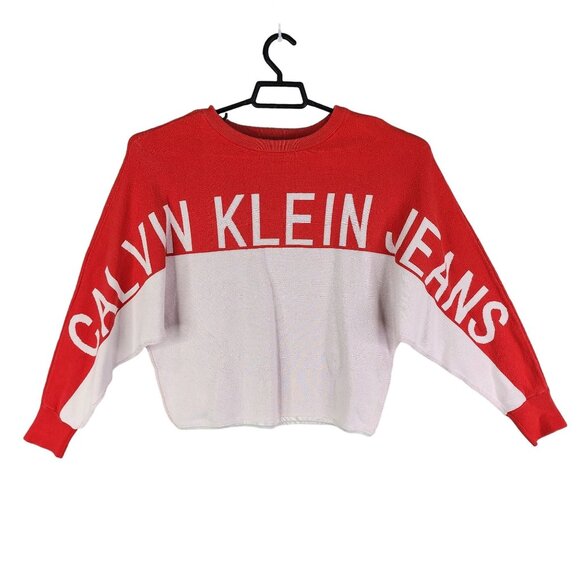 Calvin Klein Jeans Sweaters - Womens Calvin Klein Jeans Cropped Sweater Red & White 100% Cotton Long Sleeve S